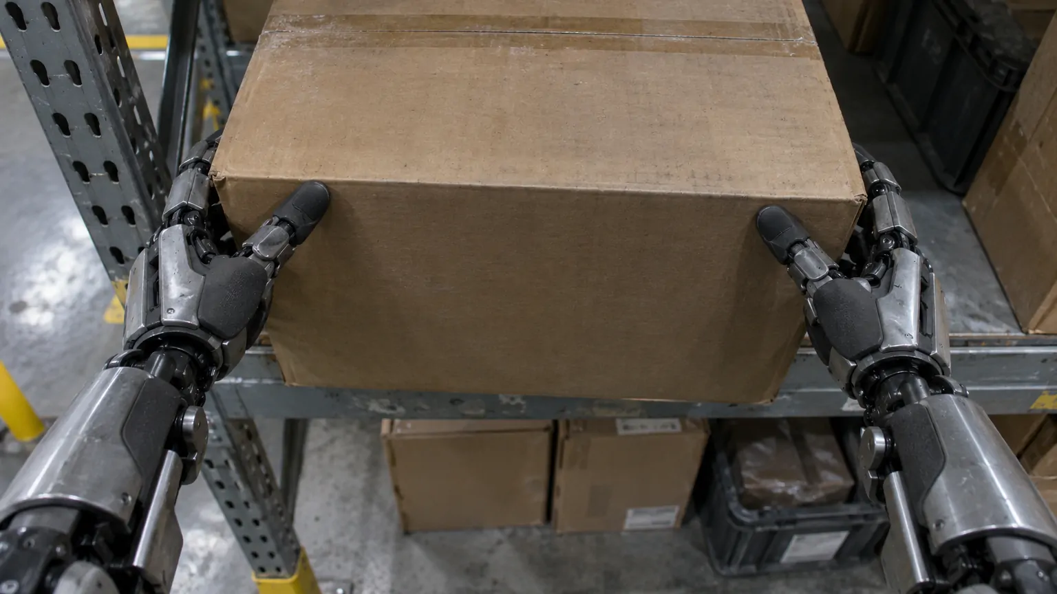 Dos manos de robot sostienen una caja de cartón sobre un estante, vistas desde arriba.
