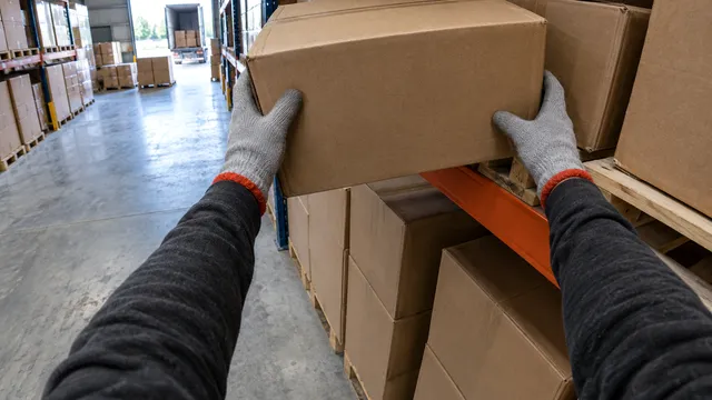 Cámara 1: dos manos con guantes grises levantan una caja de cartón de un estante de almacén.