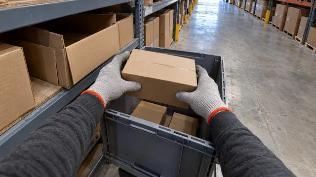 Cámara 5: dos manos toman una caja pequeña de un estante y la bajan a una caja plástica.